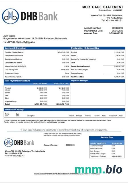 Holandia DHB Bank wyciąg z kredytu hipotecznego szablon Word i PDF